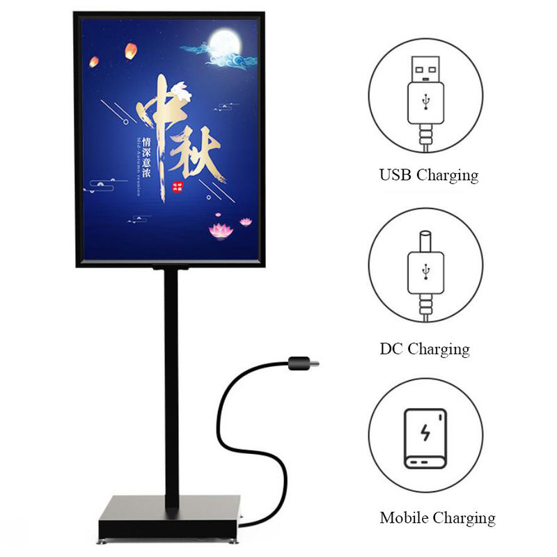 Retail Store Floor Standing Poster LED Lighting Metal Box Gold POP Poster Display Stand